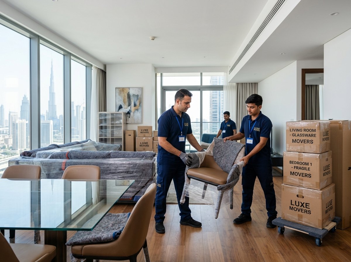 Professional moving crew carrying furniture inside Dubai apartment